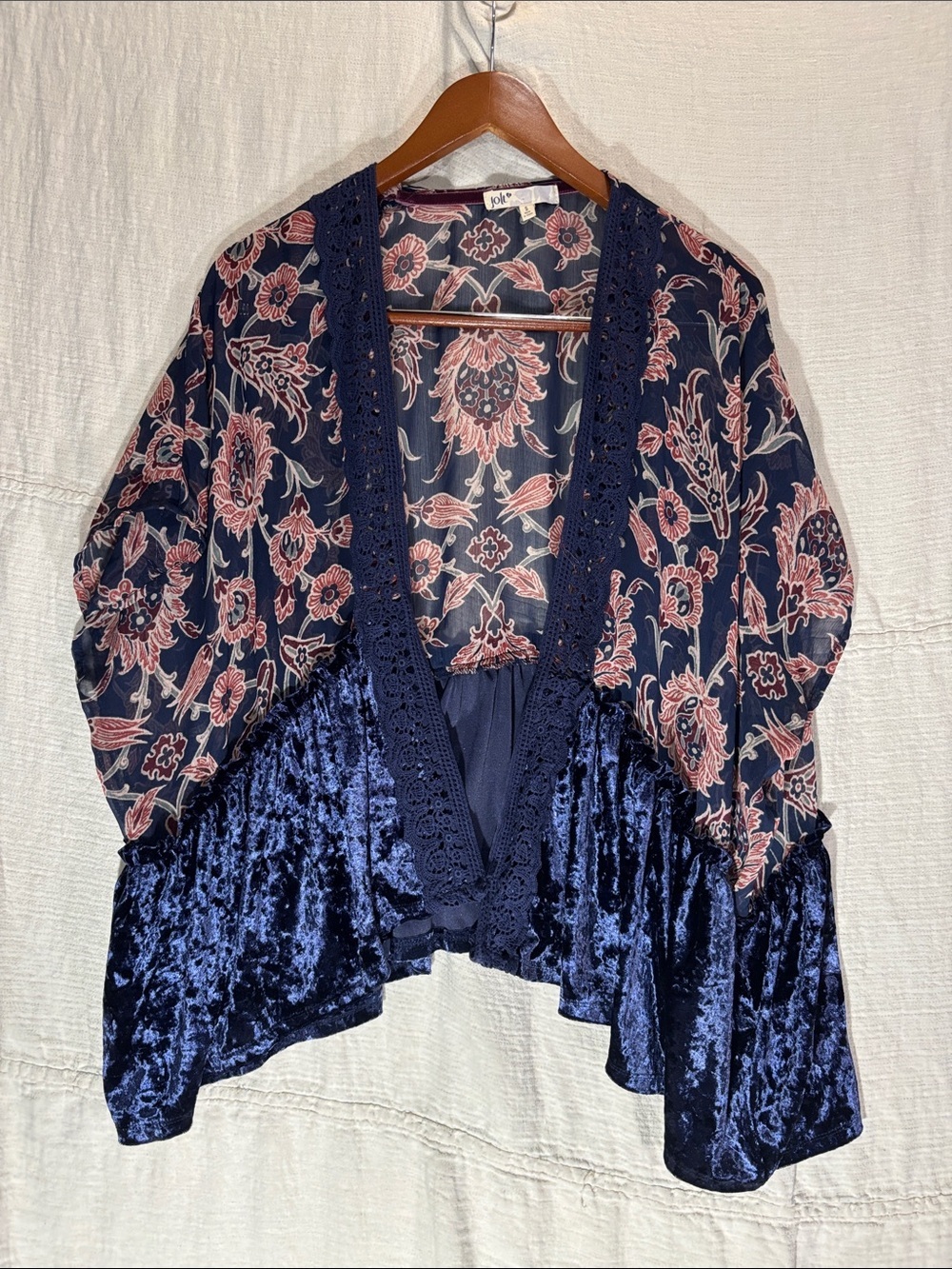 Jolt Boho Floral Sheer & Crushed Velvet Open Front Kimono Size Small Whimsigoth